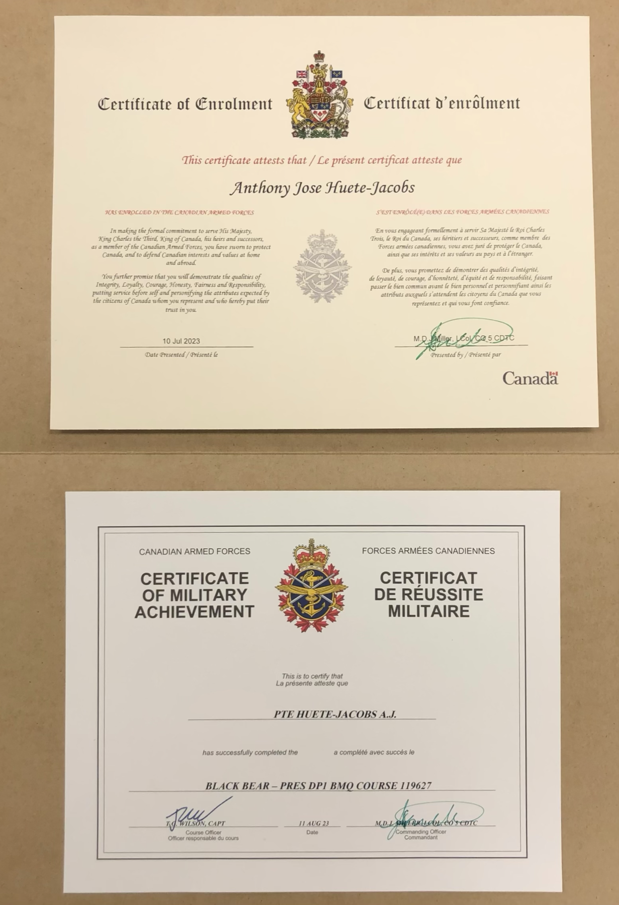 Canadian Armed Forces enrolment and Black Bear achievement certificates for Anthony Huete-Jacobs, 2023