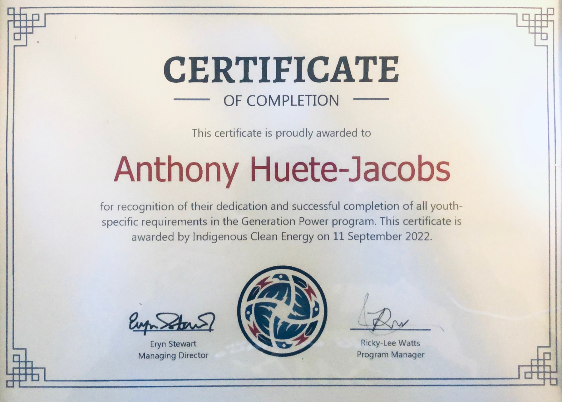 Generation Power certificate awarded to Anthony Huete-Jacobs on September 11, 2022
